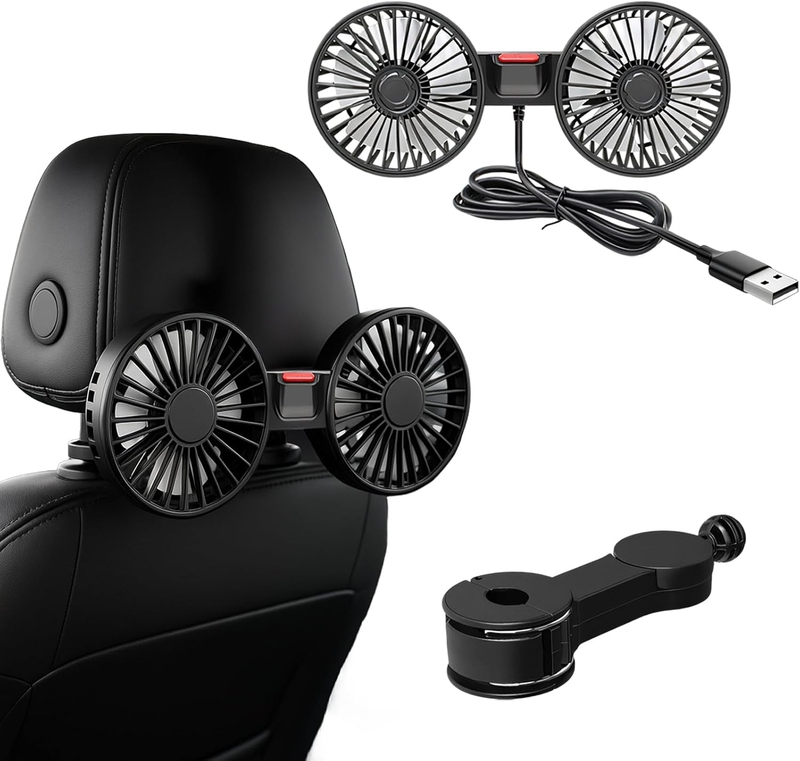 Dual Head USB Car Fan for Back Seat – 360° Adjustable Vehicle Cooling Fan with Headrest Mount