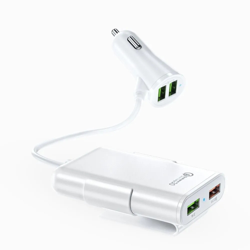 4 Ports USB Car Charger with Extending USB HUB for Front &amp;amp;amp; Back Seat Charging White Color