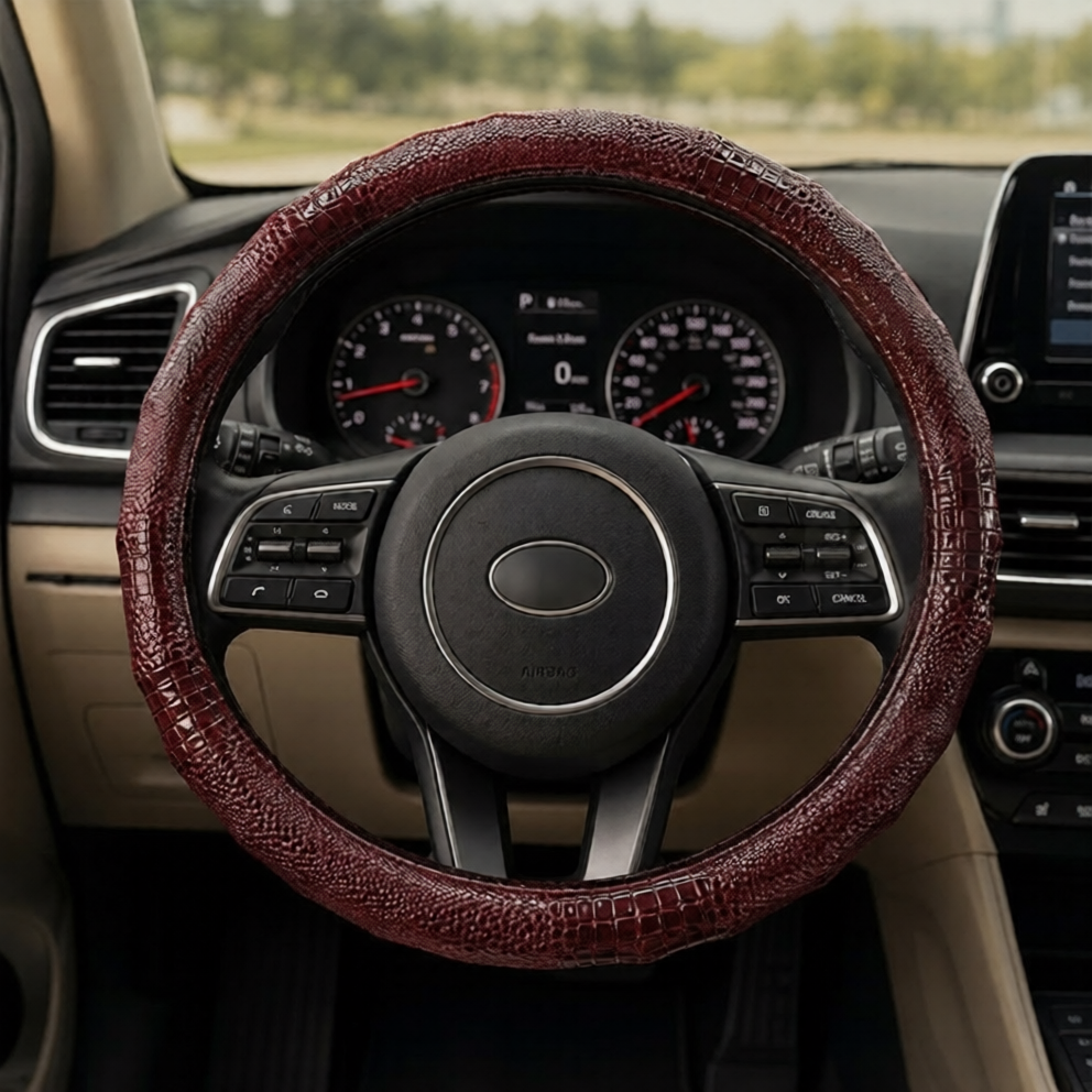 Crocodile Texture Luxury Car Steering Wheel Cover – Universal Anti-Slip Grip with Ergonomic Finger Ridges (S35)
