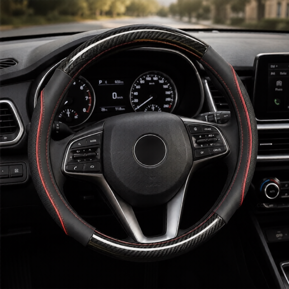 Universal Premium Carbon Fiber Style Steering Cover | Anti-Skid with Red Stitching (S36)
