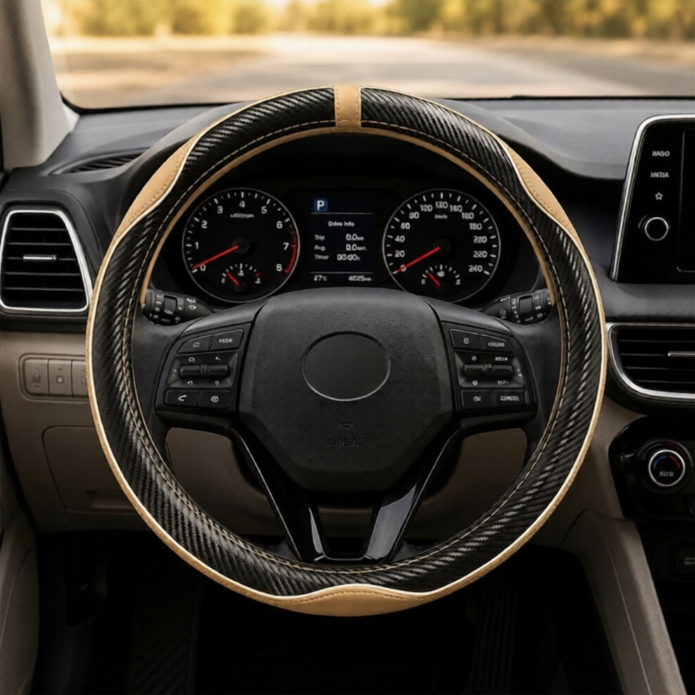 Universal 15-Inch Steering Wheel Cover – Carbon Fiber Style, Comfortable Grip, Durable Car Interior Accessory (S34)